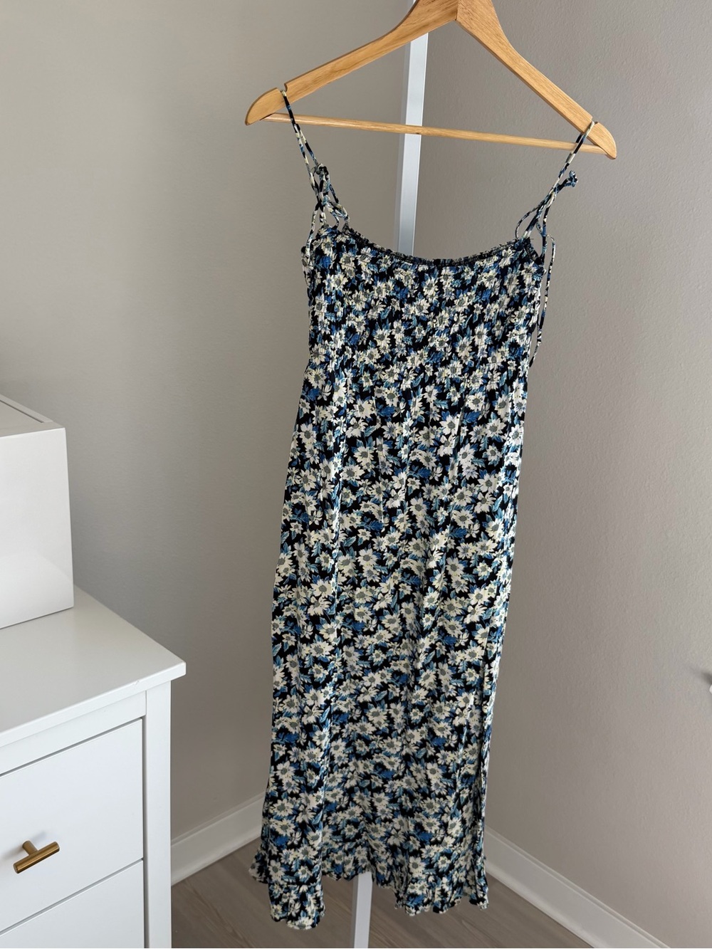 Motel Rocks Navy and White Floral Smocked Midi Dress